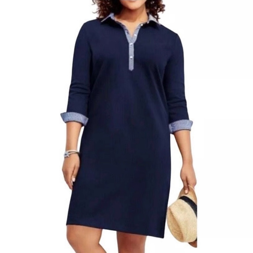 Talbots Preppy Office Navy/White Gingham Trim 3/4 Pique French Cuff Polo Dress L